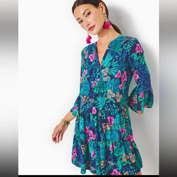 Lilly Pulitzer Gabriel 3/4 Sleeve Tunic Low Tide Navy Life Of The Party - Picture 2 of 8